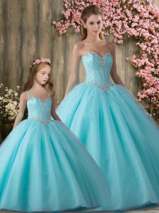Aqua Blue Tulle Lace Up Ball Gown Prom Dress Sleeveless Floor Length Beading