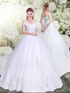 Flare White Tulle Lace Up Off The Shoulder Sleeveless Wedding Dress Brush Train Beading and Appliques