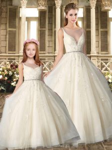 Most Popular White Tulle Lace Up Vestidos de Quinceanera Sleeveless Floor Length Beading and Appliques and Embroidery