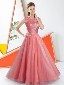 Noble Floor Length Watermelon Red Damas Dress Tulle Sleeveless Beading and Lace