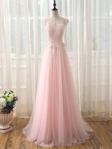 Baby Pink Empire Scoop Cap Sleeves Tulle Brush Train Zipper Beading and Lace Wedding Party Dress