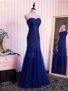 Royal Blue Mermaid Sweetheart Sleeveless Tulle Floor Length Lace Up Beading and Lace and Appliques and Pleated Going Out