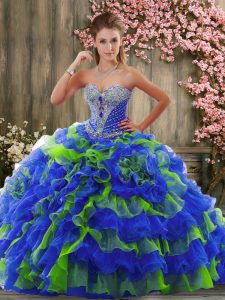 Multi-color Organza Lace Up Sweetheart Sleeveless Quinceanera Dress Brush Train Beading and Ruffles