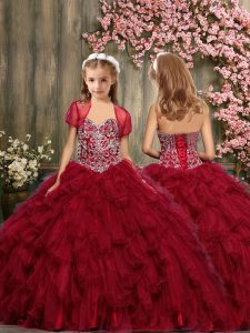 Custom Made Wine Red Sweetheart Lace Up Beading and Ruffles Pageant Gowns For Girls Sleeveless