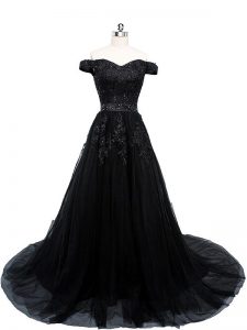 Fantastic Black Sleeveless Brush Train Beading and Lace and Appliques Evening Dress