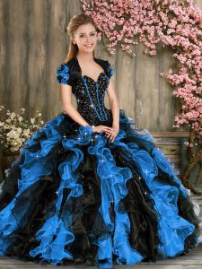 Blue And Black Ball Gowns Organza Sweetheart Sleeveless Beading and Ruffles Floor Length Lace Up Quince Ball Gowns