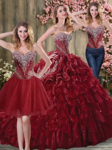 Burgundy Organza Lace Up Sweetheart Sleeveless Quinceanera Dresses Brush Train Beading and Embroidery and Ruffles