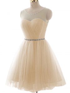 Champagne Tulle Lace Up Prom Evening Gown Sleeveless Floor Length Beading and Ruching