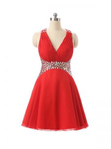 Affordable Red Sleeveless Mini Length Beading Criss Cross Junior Homecoming Dress