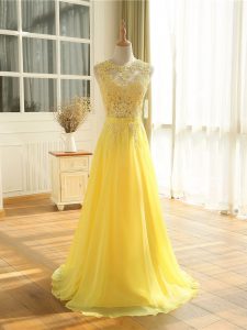 Yellow Chiffon Zipper Formal Dresses Sleeveless Floor Length Lace and Appliques