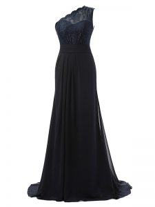Black Column/Sheath One Shoulder Sleeveless Chiffon Brush Train Side Zipper Lace Wedding Party Dress