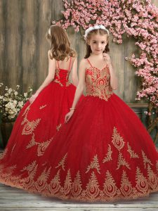 Red Tulle Lace Up Little Girl Pageant Dress Sleeveless Floor Length Embroidery