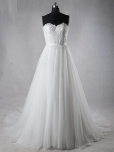 Graceful Tulle Sleeveless Wedding Dress Brush Train and Lace