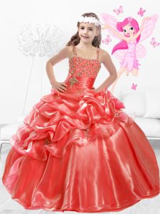 Amazing Coral Red Ball Gowns Organza Straps Sleeveless Beading and Pick Ups Floor Length Side Zipper Little Girl Pageant