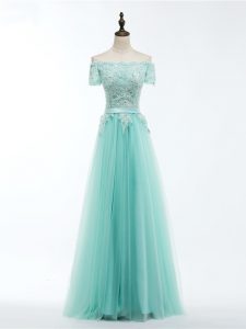 Adorable Apple Green Tulle Lace Up Evening Dresses Short Sleeves Floor Length Lace and Appliques