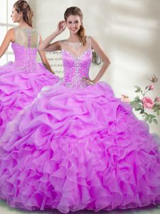 Inexpensive Floor Length Zipper Quince Ball Gowns Lilac for Military Ball and Sweet 16 and Quinceanera with Beading and 