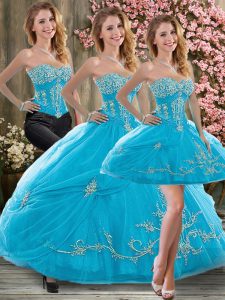 Floor Length Lace Up Quinceanera Dresses Baby Blue for Military Ball and Sweet 16 and Quinceanera with Beading and Embro