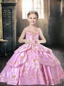 Custom Design Sleeveless Lace Up Floor Length Embroidery Little Girls Pageant Gowns