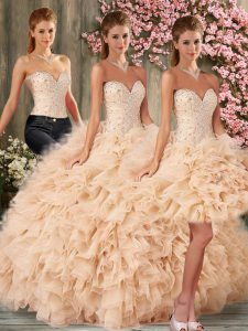 Flirting Floor Length Lace Up Quinceanera Dress Champagne for Military Ball and Sweet 16 and Quinceanera with Beading an