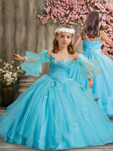 Floor Length Ball Gowns Sleeveless Baby Blue Little Girls Pageant Dress Lace Up