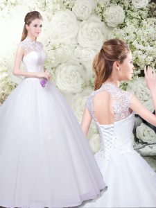Customized Ball Gowns Wedding Dresses White High-neck Tulle Sleeveless Floor Length Lace Up