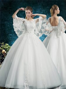 Free and Easy Tulle Half Sleeves Floor Length Wedding Dress and Lace