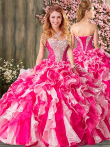 Custom Design Hot Pink 15th Birthday Dress Military Ball and Sweet 16 and Quinceanera with Beading and Ruffles Sweethear