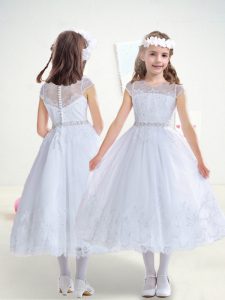 Romantic Scoop Cap Sleeves Clasp Handle Flower Girl Dress White Lace