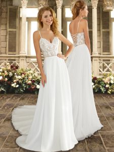 Elegant White Sleeveless Chiffon Brush Train Lace Up Bridal Gown for Wedding Party