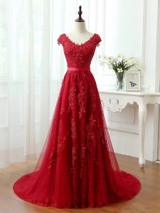 Enchanting Empire Cap Sleeves Red Prom Party Dress Brush Train Lace Up