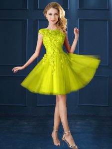 Beautiful Yellow Bateau Neckline Lace and Appliques Wedding Guest Dresses Cap Sleeves Lace Up