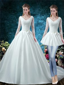 Excellent Chapel Train Two Pieces Wedding Gowns White V-neck Satin 3 4 Length Sleeve Lace Up