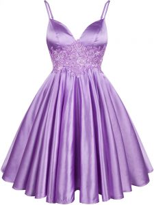 Chic Lilac A-line Spaghetti Straps Sleeveless Elastic Woven Satin Knee Length Lace Up Lace Quinceanera Court Dresses