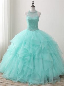 Apple Green Lace Up Scoop Beading and Ruffles Quinceanera Gown Organza Sleeveless