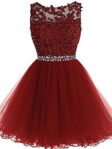Exquisite Scoop Sleeveless Zipper Prom Party Dress Burgundy Tulle