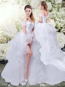 White A-line Tulle Off The Shoulder Sleeveless Ruffles Lace Up Wedding Gowns Brush Train