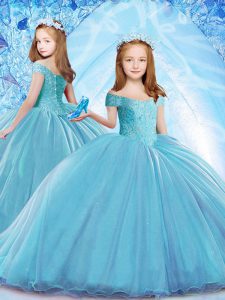 Off The Shoulder Cap Sleeves Little Girl Pageant Gowns Brush Train Beading Baby Blue Organza