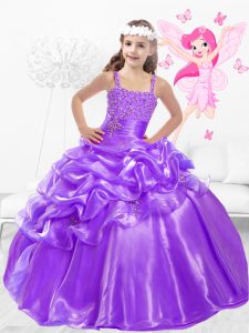 Floor Length Eggplant Purple Child Pageant Dress Organza Sleeveless Beading and Pick Ups