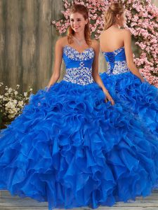 Organza Sweetheart Sleeveless Lace Up Beading and Ruffles Quince Ball Gowns in Royal Blue