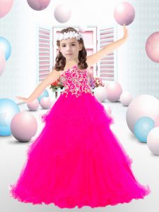 Floor Length Hot Pink Little Girl Pageant Gowns One Shoulder Sleeveless Zipper