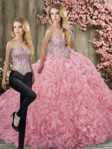 Sleeveless Fabric With Rolling Flowers Brush Train Lace Up Vestidos de Quinceanera in Pink with Beading