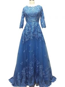 Lace and Appliques Prom Gown Blue Zipper 3 4 Length Sleeve Brush Train