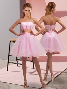 Graceful Baby Pink Lace Up Prom Dresses Beading and Ruching Sleeveless Mini Length