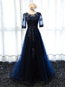 Low Price Floor Length Lace Up Prom Dresses Navy Blue for Prom and Party with Lace and Appliques