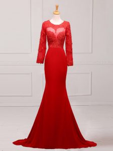 Sexy Red Mermaid Scoop Long Sleeves Chiffon Brush Train Zipper Lace and Appliques Mother of the Bride Dress