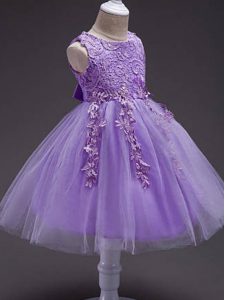 Lavender Ball Gowns Scoop Sleeveless Tulle Knee Length Zipper Lace and Belt Kids Pageant Dress