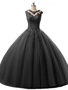 Black Lace Up Scoop Beading and Lace Quinceanera Gown Tulle Sleeveless