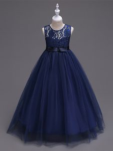 Luxurious Navy Blue Little Girls Pageant Gowns Wedding Party with Lace Scoop Sleeveless Zipper