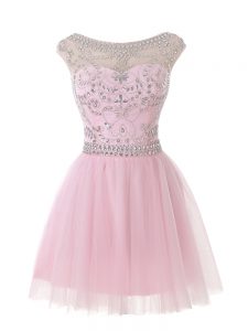 Decent Baby Pink A-line Scoop Sleeveless Tulle Mini Length Zipper Beading Homecoming Dress