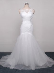 White Lace Up Scoop Lace and Appliques and Ruching Bridal Gown Tulle Sleeveless Brush Train